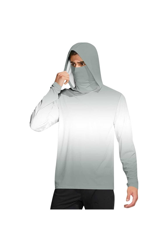 Men's and Women's Sun Protection Hoodies Lightweight Ice Sick Long Sleeve Gradient Color Pullover Hooded Sweatshirts Outdoor Athletic Fishing Tops with Mask Gray L
