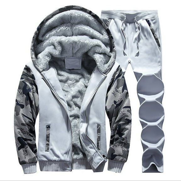 HAPIMO Men's Zip Up Hoodie Winter Jacket Plush Warm Winter Fuzzy Sherpa Lined Camouflage Jackets Sports Pants Fleece Suit For Men Gray XL