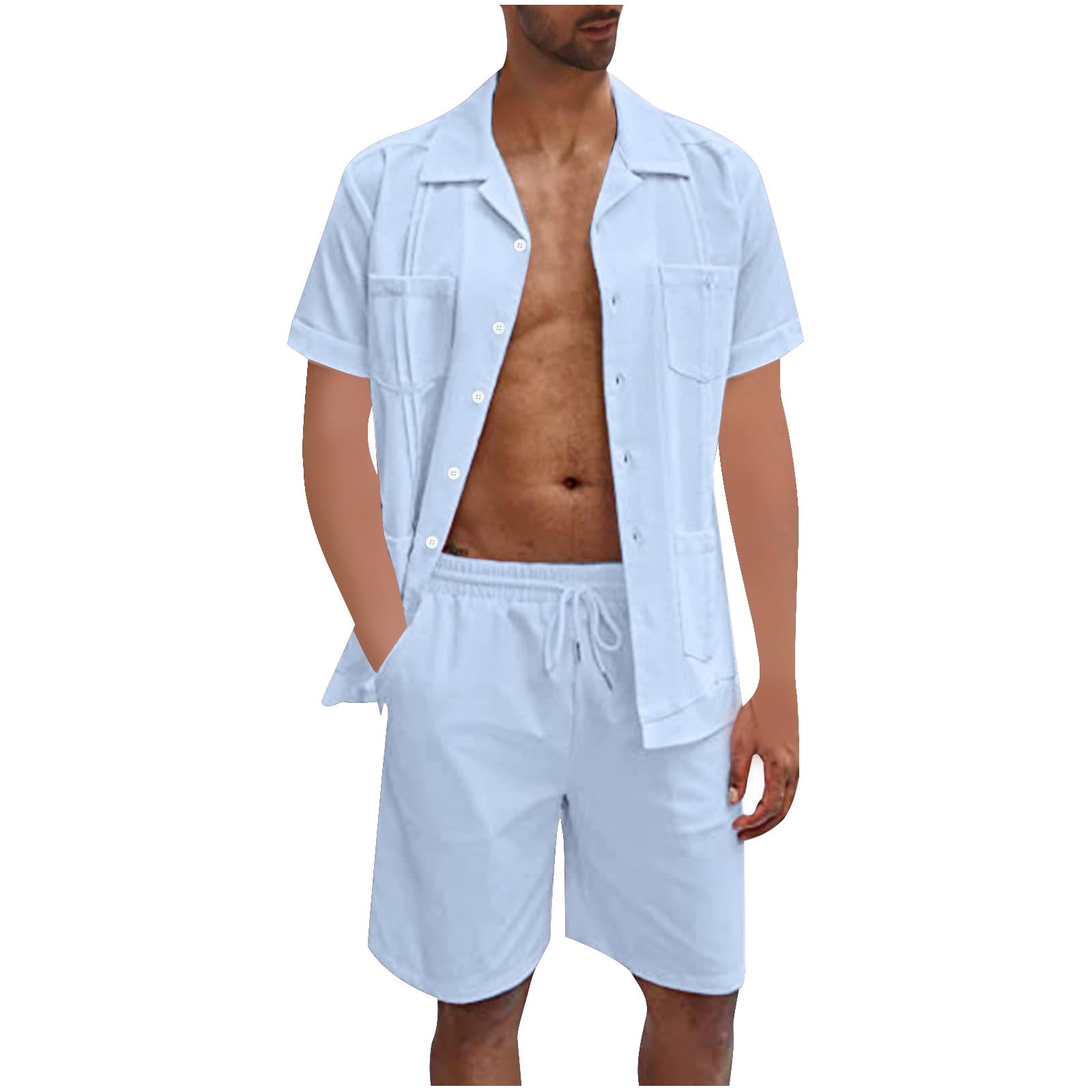 HAPIMO Mens Trends Elastic Waist Lace-up Swim Suits Board Shorts Holiday Beach Pants Hawaii Tropical Print Trousers Turndown Button Shirt Bathing Suits Summer Swimwear Blue XXL