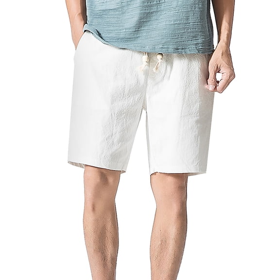 HAPIMO Mens Trends Pocket Swim Trunks Solid Color Print Trousers Cotton Linen Elastic Drawstring Bathing Suits Holiday Beach Pants Summer Swimwear Board Shorts White L