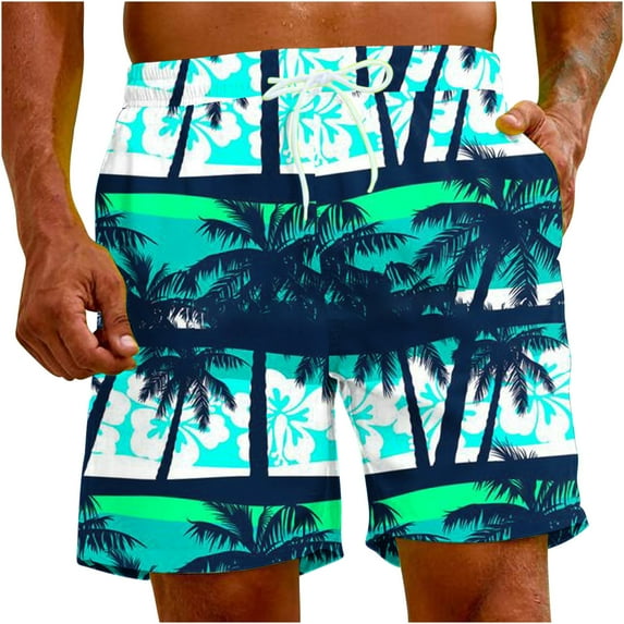 HAPIMO Mens Trends Swim Trunks Breathable Seaside Elastic Drawstring Bathing Suits Holiday Beach Pants Summer Swimwear Hawaii Tropical Print Trousers Board Shorts Discount Blue