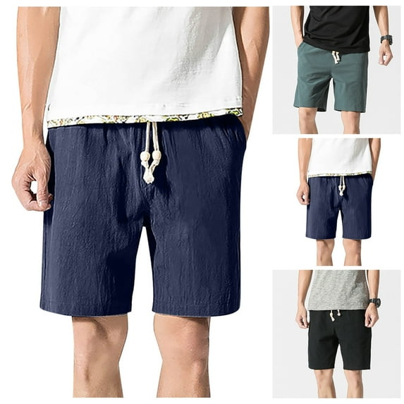 HAPIMO Mens Trends Swim Trunks Solid Color Print Trousers Board Shorts Cotton Linen Elastic Drawstring Bathing Suits Holiday Beach Pants Summer Swimwear Blue L