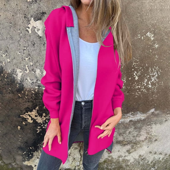 HAPIMO Mid-Length Jacket for Women Comfy Long Sleeve Hoodie Jacket Daily Casual Jacket Fall Winter Clothes Solid Full Zip Jacket with Zip Pocket Hot Pink XXXL