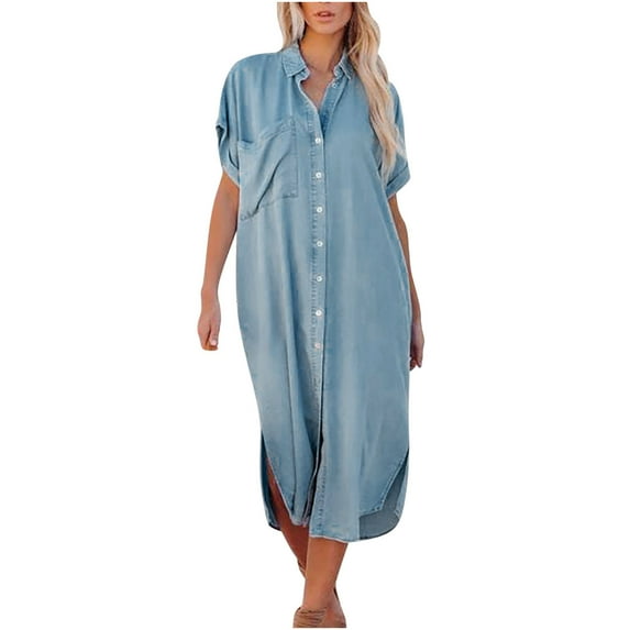 HAPIMO Midi Shirt Dress with Pocket for Women Solid Color Beach Summer Short Sleeve Lapel Sundress Button Denim Coat Retro Boho Clothing Vacation Blue XXL