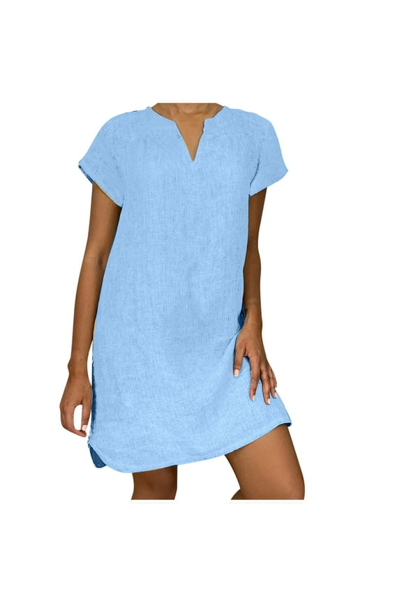 Mini Loose Dress for Women Solid Color Vacation Beach V Neck Sundress Cotton Linen Dress Retro Boho Short Sleeve Clothing Summer Light Blue XL