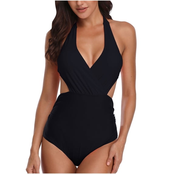 HAPIMO One Piece Monokini High Cut Swimsuit Bathing Suit Women Bandage Push Up Pad Ruched Floral Beachwear Halter-Straps Swimwear Tropical Hawaii Hot Spring Black