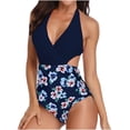 thumbnail image 1 of HAPIMO One Piece Monokini High Cut Swimsuit Bathing Suit Women Bandage Push Up Pad Ruched Floral Beachwear Halter-Straps Swimwear Tropical Hawaii Hot Spring Clearance Blue, 1 of 5