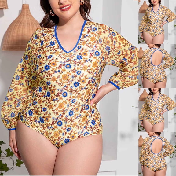 HAPIMO One Piece Monokini High Cut Swimsuit Long Sleeve Bathing Suit Women's Plus Size Backless Beachwear V Neck Swimwear Tropical Hawaii Hot Spring Beach Dress Yellow