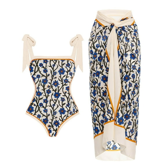 HAPIMO One Piece Monokini Sets Swimsuit Sleeveless Bathing Suit Vintage Floral Beachwear with Cover Up Wrap Skirt Swimwear Tropical Hawaii Hot Spring Beach Dress Clearance White S