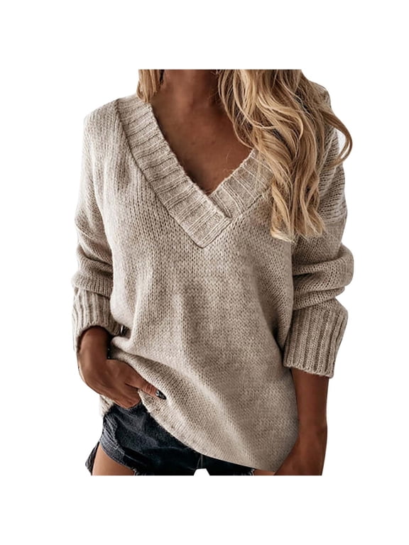 Oversized Sweaters for Women Deep V Neck Long Sleeve Cable Knit Sweater Loose Jumper Tunic Pullover Tops Teen Girls Clothes Khaki M