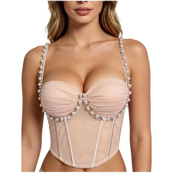 HAPIMO Pearl Rhinestone Decor Bustier Corset Top Women Sweetheart Neck Waist Shaping Party Clubwear Beige 80