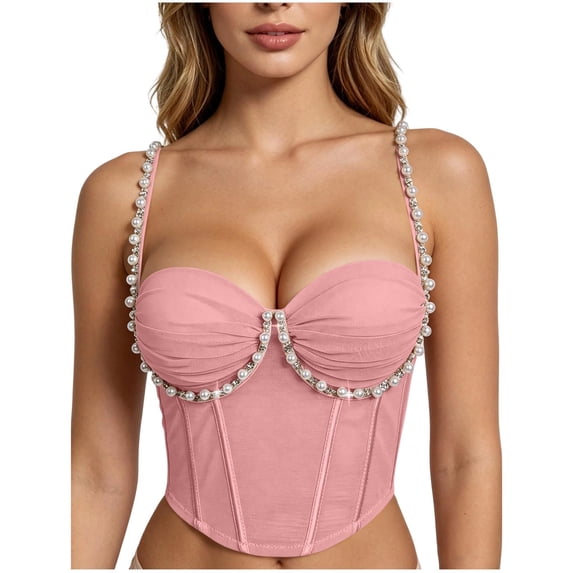 HAPIMO Pearl Rhinestone Decor Bustier Corset Top Women Sweetheart Neck Waist Shaping Party Clubwear Pink 90