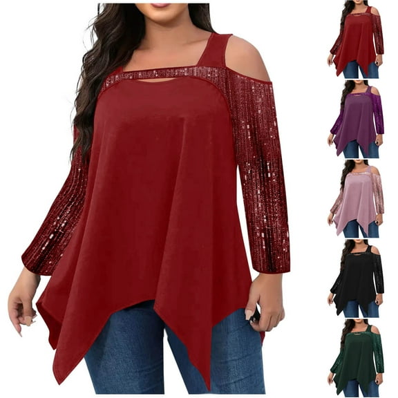 HAPIMO Plus Size Tops for Women Cold Shoulder Tops Summer Short Sleeve Sequins Tops Casual Elegant Asymmetrical Blouse Black L