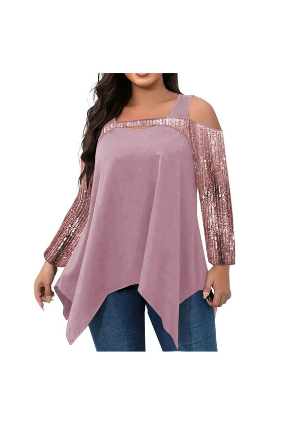 Plus Size Tops for Women Cold Shoulder Tops Summer Short Sleeve Sequins Tops Casual Elegant Asymmetrical Blouse Pink XXL