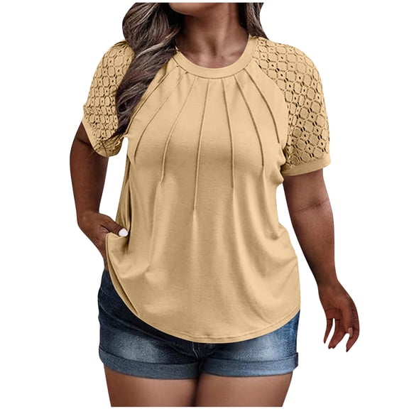 HAPIMO Plus Size Tops for Women Lightweight Spring Summer Lace Short Sleeve Crewneck Blouses Loose Fit Casual Shirts Tunic Tops Khaki XXXXXL