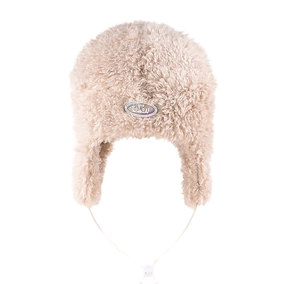 HAPIMO Plush Ear Flap Labeled Hat Drawstring Closure Hat for Winter Daily Wear Cold Protection Beige Free Size