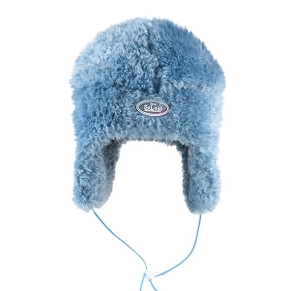 HAPIMO Plush Ear Flap Labeled Hat Drawstring Closure Hat for Winter Daily Wear Cold Protection Blue Free Size