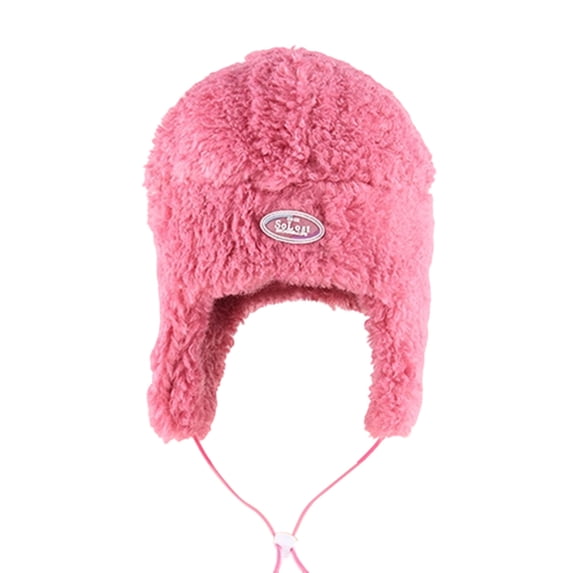 HAPIMO Plush Ear Flap Labeled Hat Drawstring Closure Hat for Winter Daily Wear Cold Protection Pink Free Size