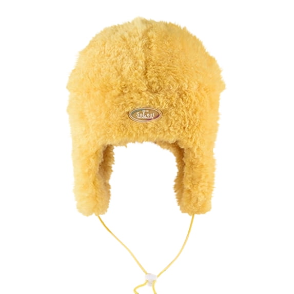 HAPIMO Plush Ear Flap Labeled Hat Drawstring Closure Hat for Winter Daily Wear Cold Protection Yellow Free Size