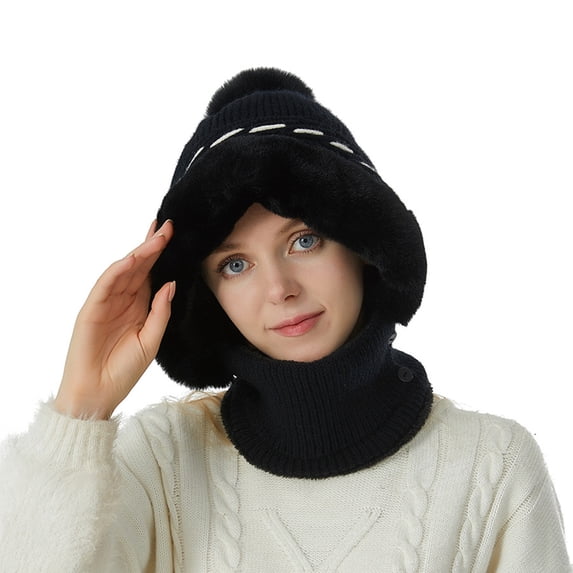 HAPIMO Pom Pom Ear Flap Neck Gaiter Integrated Hat Button Closure Hat for Winter Skiing Black Free Size