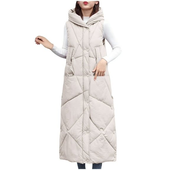HAPIMO Puffer Vest Women Puffy Vest Lightweight Puffer Waistcoat Full Zip Up Outerwear with Hood Winter Long Coats Sleeveless Jackets Pockets White XL