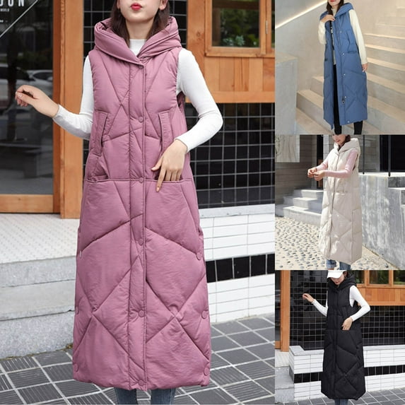HAPIMO Puffer Vest Women Puffy Vest Lightweight Puffer Waistcoat Full Zip Up Outerwear with Hood Winter Long Coats Sleeveless Jackets Pockets Black L