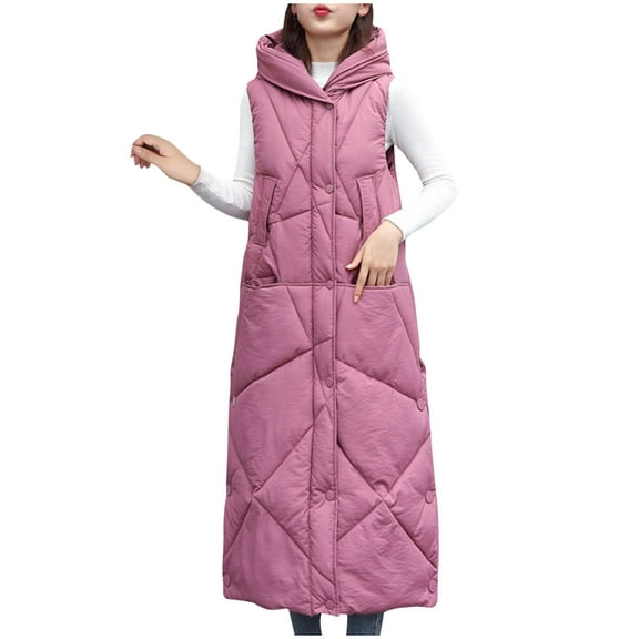 HAPIMO Puffer Vest Women Puffy Vest Lightweight Puffer Waistcoat Full Zip Up Outerwear with Hood Winter Long Coats Sleeveless Jackets Pockets Pink M