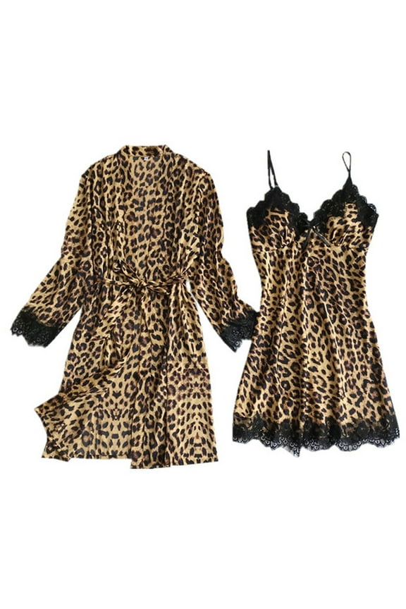 Robe Lingerie Dress for Women Valentine's Day Gift Lace Pajamas Leopard Underwear Sleepwear Nightwear Satin Silk Cardigan Nightdress Bathrobe Ladies Robes Brown XL