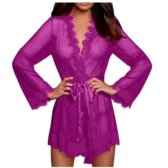 HAPIMO Robe Lingerie Dress for Women Valentine's Day Gift Lace Pajamas Leopard Clearance Underwear Sleepwear Nightwear Satin Silk Cardigan Nightdress Bathrobe Ladies Robes Purple L