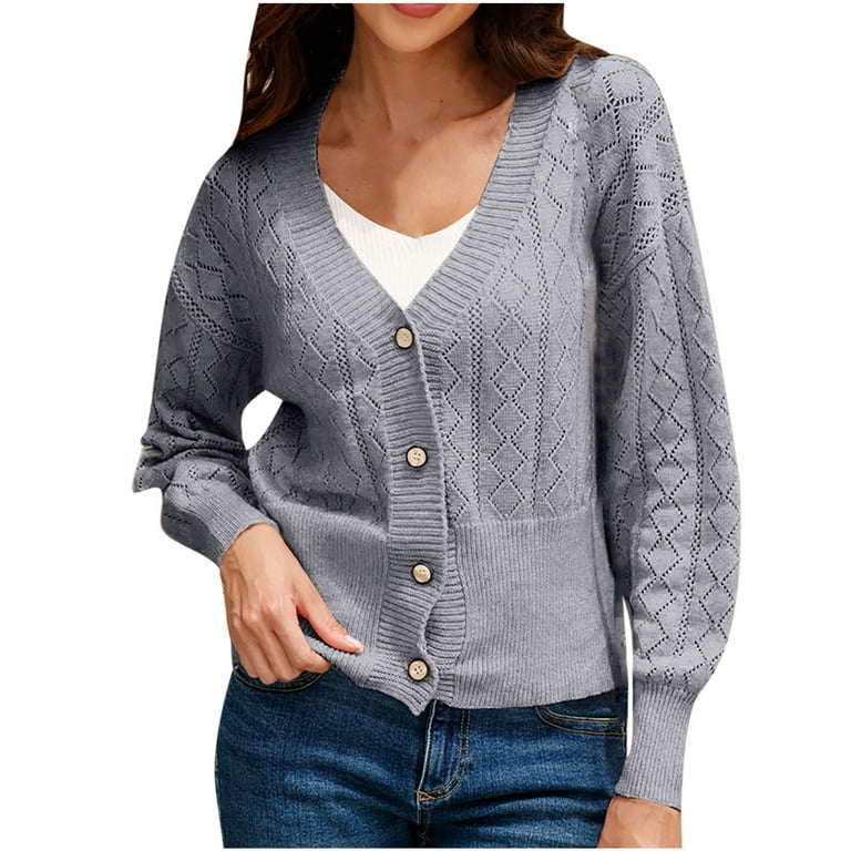 HAPIMO Rollbacks Cardigan Sweaters for Women Long Sleeve Button Down  Knitwear Solid V-Neck Casual Jumper Tops Womens Fall Fashion Sweaters Gray  S 