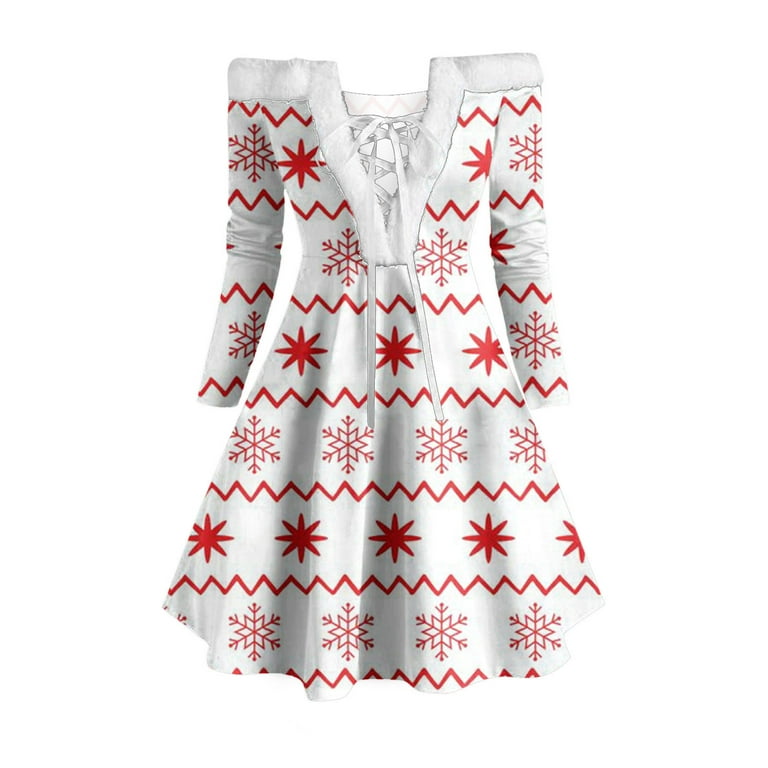 HAPIMO Rollbacks Fall Dress for Women,Women's Criss Cross Knee Dress Casual  Christmas Snowflake Print Long Sleeve Off Shoulder Party Mini Dress White  XXL 