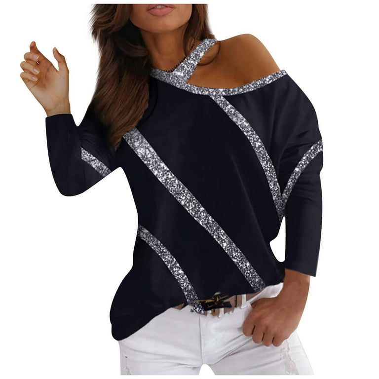 HAPIMO Rollbacks Fashion Shirts for Women Basic Clothes for Women Gold  Sequins Print Tops Asymmetrical Neck Pullover Cozy Casual Off the Shoulder