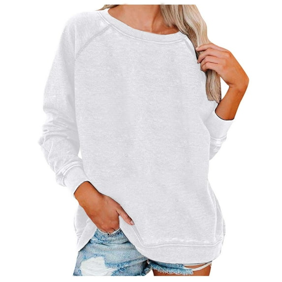 HAPIMO Rollbacks Fashion Shirts for Women Round Neck Pullover Cozy Casual Sweatshirt Solid Color Tops Long Sleeve Blouse Basic Clothes for Women White M