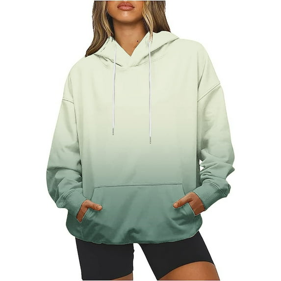 HAPIMO Gradient Sweatshirt for Women Pocket Drawstring Pullover Tops Solid Color Long Sleeve Relaxed Fit Womens Hoodie Sweatshirt Teen Girls Clothes Green