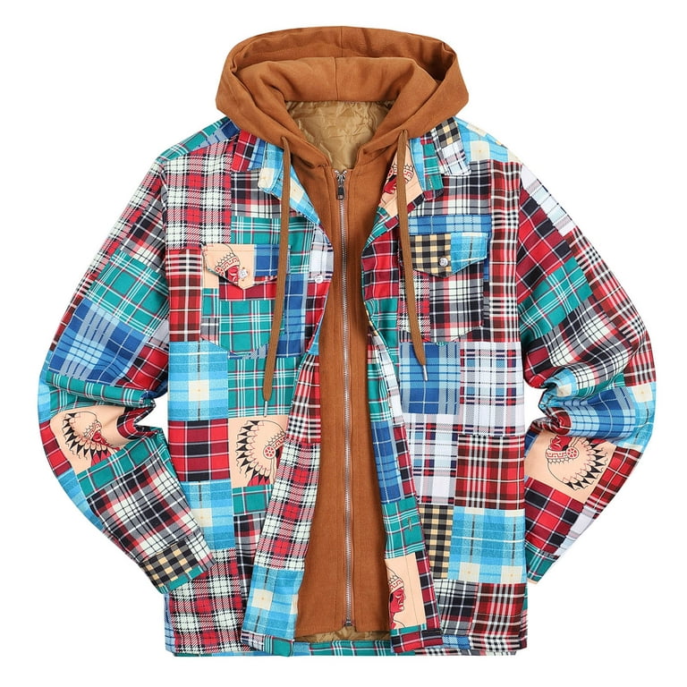 HAPIMO Rollbacks Men's Fashion Flannel Fake Tow-Piece Jacket Thick Quilted  Plaid Printed Color Patchwork Hooded Jacket Padded Cotton Jacket with