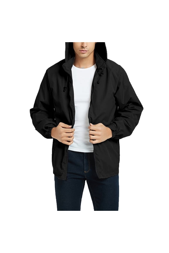Men's Windbreaker Jacket Thin Section Zipper Hooded Windproof Waterproof Cold Jacket Fall Winter Rushing Jacket with Pocket Black XL