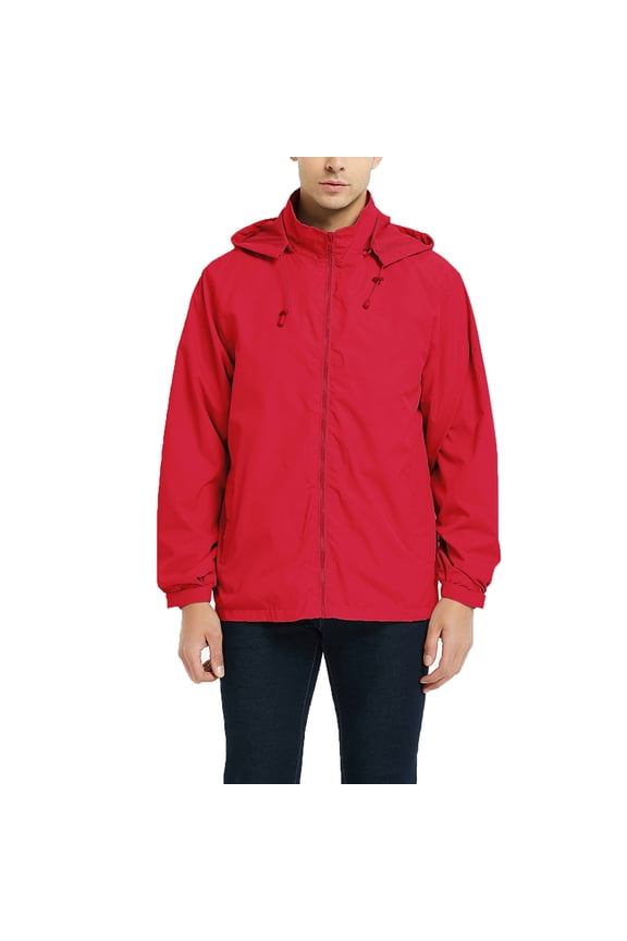 Men's Windbreaker Jacket Thin Section Zipper Hooded Windproof Waterproof Cold Jacket Fall Winter Rushing Jacket with Pocket Red S