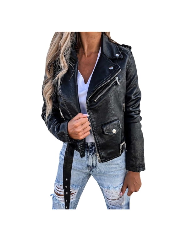 Motorcycle Leather Jacket for Women Solid Lapel Collar Jacket Womens Silm Biker Outwear Long Sleeve Girls Fall Fashion Tops Casual Comfy Black M
