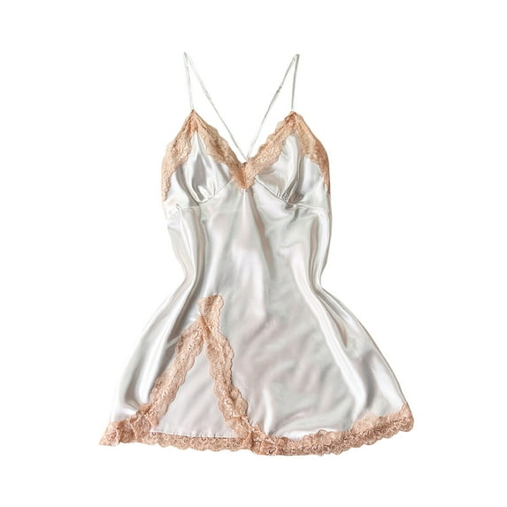 HAPIMO Plus size Women's Chemise Nightgown V Lingerie Lace Neck Slip Cotton Full Sleepwear Dress Womens Lingerie Sleepwear White M