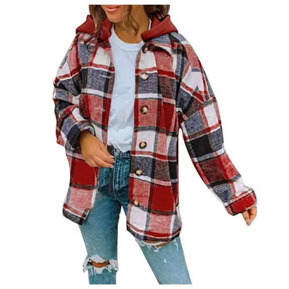 HAPIMO Rollbacks Shacket Jackets for Women Womens Lapel Bust Pocket Outwear Casual Comfy Plaid Print Button Down Jacket Girls Fall Fashion Tops Long Sleeve Red M