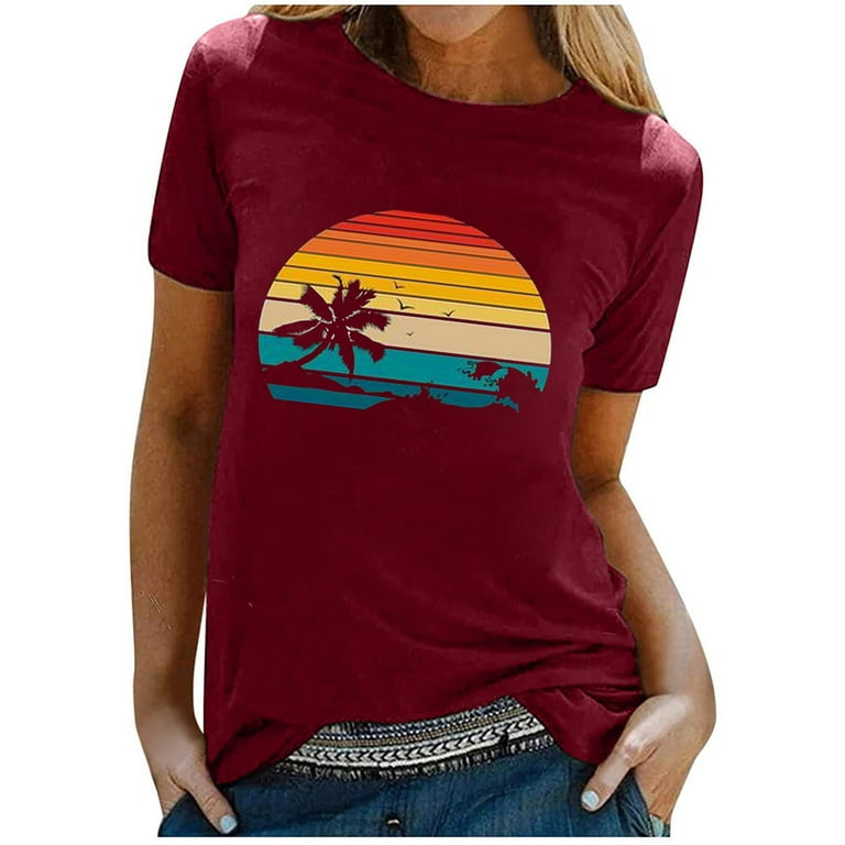 HAPIMO Rollbacks Shirts for Women Beach Sunset Graphic Print Tee Shirt  Classic-Fit Womens Summer Fashion Tops Crewneck Cozy Blouse Short Sleeve  Shirt Casual Raglan Wine XXL 