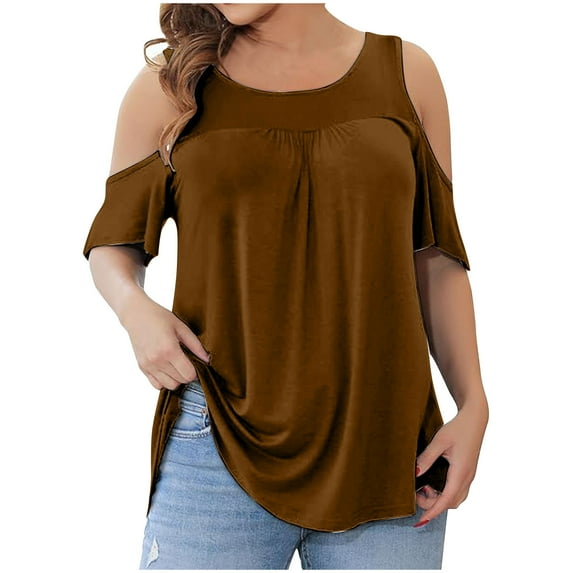 HAPIMO Rollbacks Shirts for Women Classic-Fit Womens Summer Fashion Tops Casual Cold Shoulder Round Neck Cozy Blouse Short Sleeve Shirt Polka Dots Print Tee Shirt Brown XXL