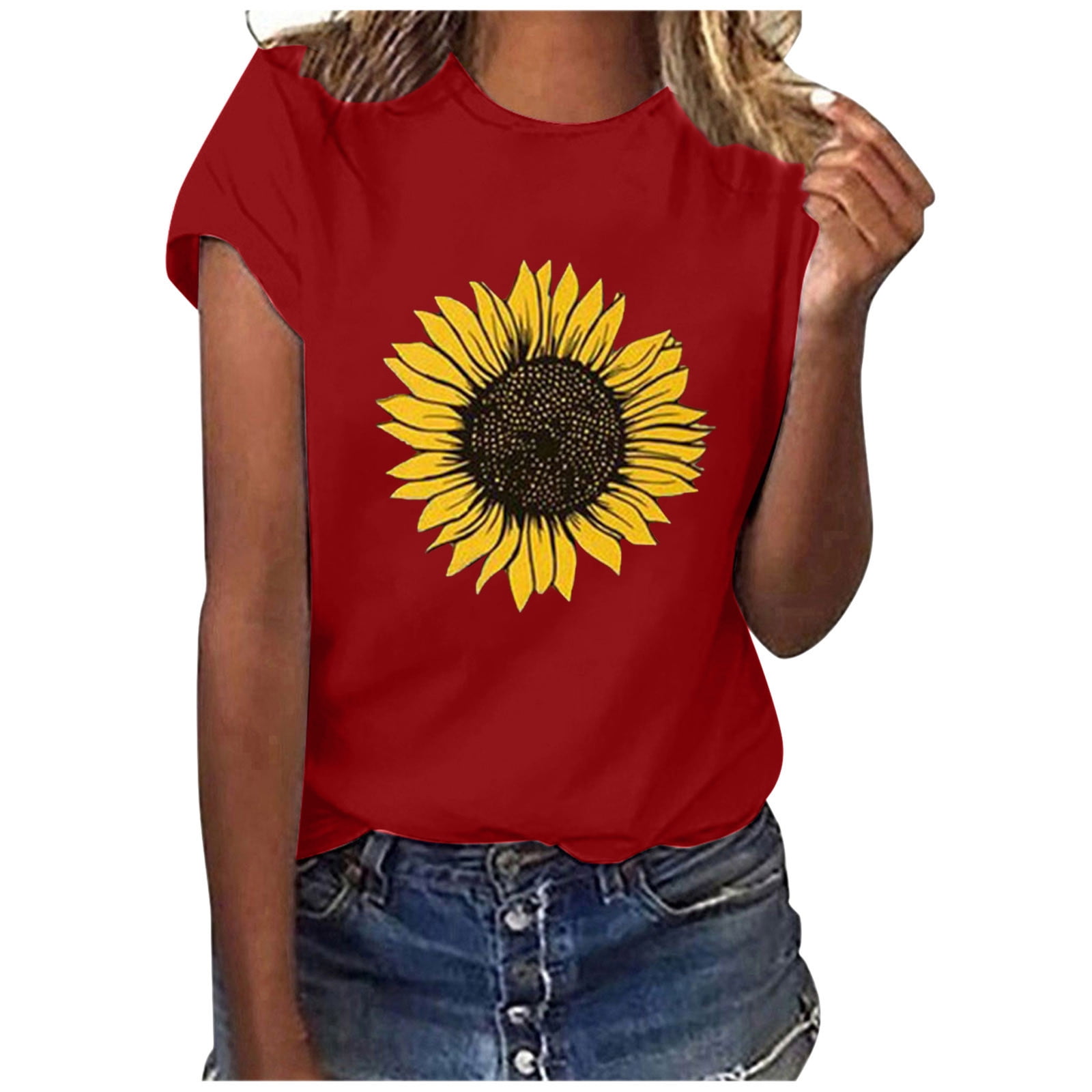 HAPIMO Rollbacks Shirts for Women Sunflower Graphic Print Tee Shirt Casual  Raglan Classic-Fit Round Neck Cozy Blouse Short Sleeve Shirt Womens Summer  Fashion Tops Red M 