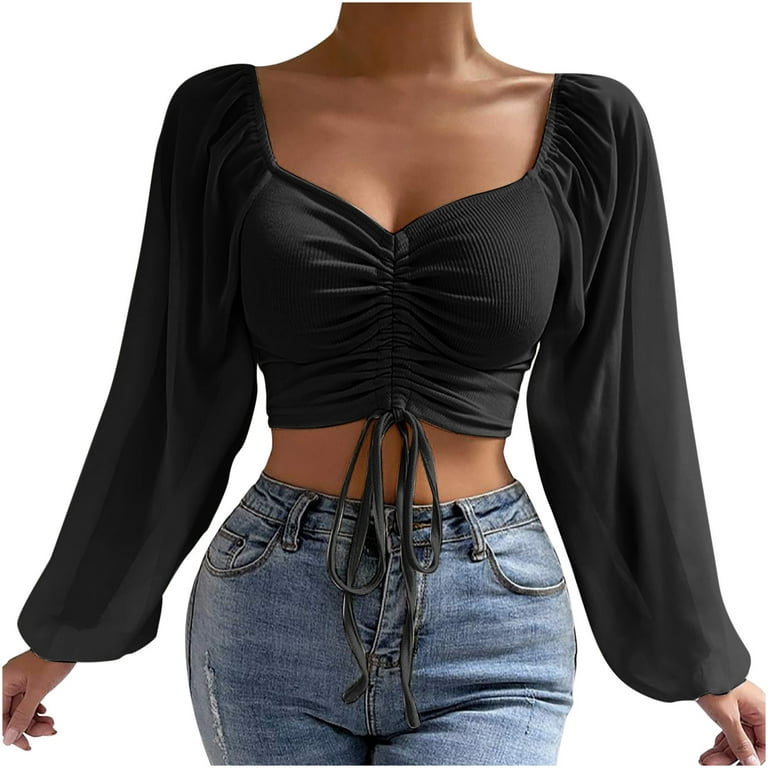 HAPIMO Rollbacks Shirts for Women Teen Grils Fashion Clothes Casual  Drawstring Pullover Tops Mesh Lantern Sleeve V-Neck Tee Shirt Solid Ruched  Crop Womens Summer Tops Black S 