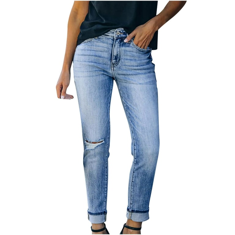 HAPIMO Rollbacks Skinny Ripped Jeans Pants for Women Elastic High