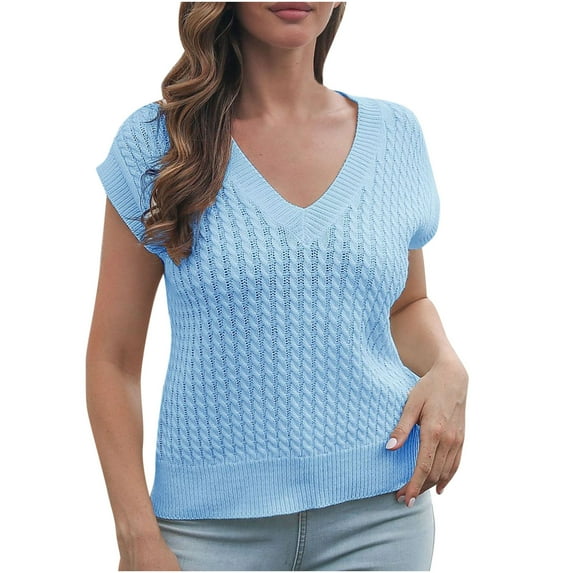HAPIMO Sweater Vests for Women Short Sleeve V-Neck Knitwear Solid Color Casual Jumper Pullover Womens Sweaters Fall Fashion Light Blue L