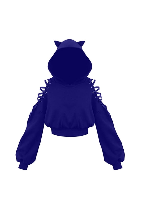 Sweatshirt for Women Bandage Cute Cat Ear Crop Pullover Tops Solid Color Long Sleeve Relaxed Fit Womens Hoodie Sweatshirt Teen Girls Clothes Blue L