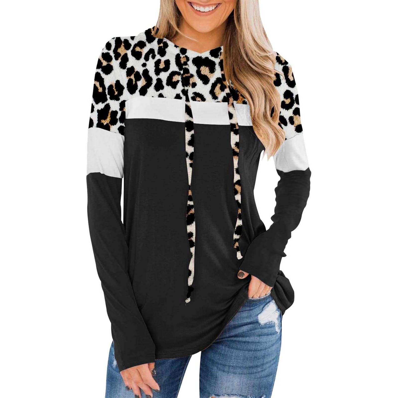 HAPIMO Rollbacks Sweatshirt for Women Long Sleeve Hooded Pullover Tops  Leopard Splicing Graphic Print Sweatshirt Color Block Casual Pocket  Drawstring
