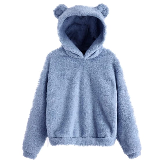 HAPIMO Rollbacks Sweatshirt for Women Fuzzy Fleece Pullover Tops Solid Color Long Sleeve Relaxed Fit Womens Plush Cute Ear Hoodie Sweatshirt Teen Girls Clothes Blue L