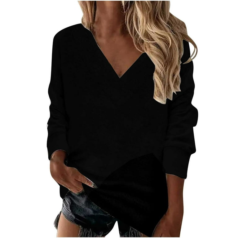 HAPIMO Rollbacks Sweatshirt for Women Long Sleeve Solid Color Hoodless  Bottom Sweatshirt Casual V-Neck Pullover Tops Teen Girls Fashion Clothes  Black XL 